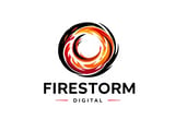 Firestorm Digital logo featuring a swirling flame design in red, orange, and yellow within a black circle